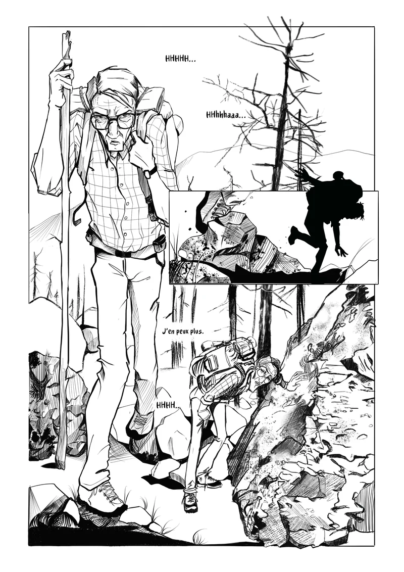 Page 4 d'À ceux qui viennent : un vieil homme à lunettes, bâton à la main, monte entre les troncs morts ; derrière lui, un randonneur épuisé (« J'en peux plus… »).