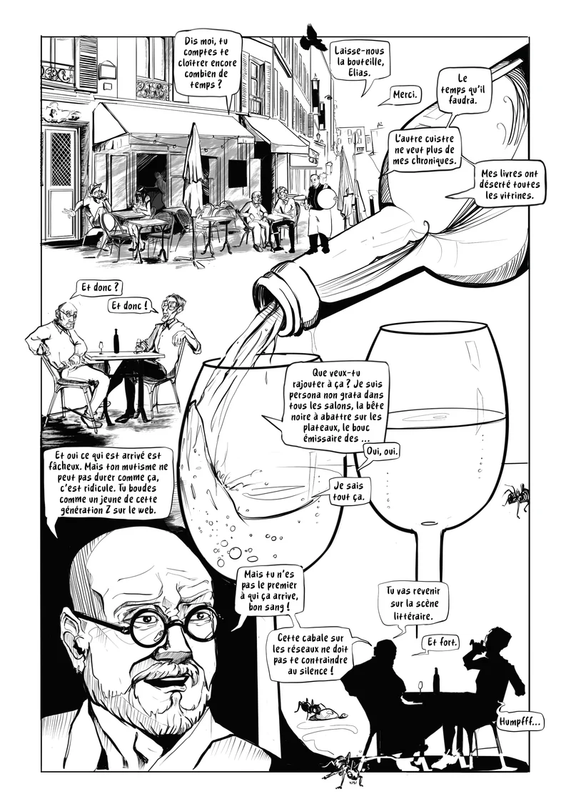 Page 6 : à une terrasse parisienne, deux hommes discutent autour d'un verre de vin qu'on remplit.