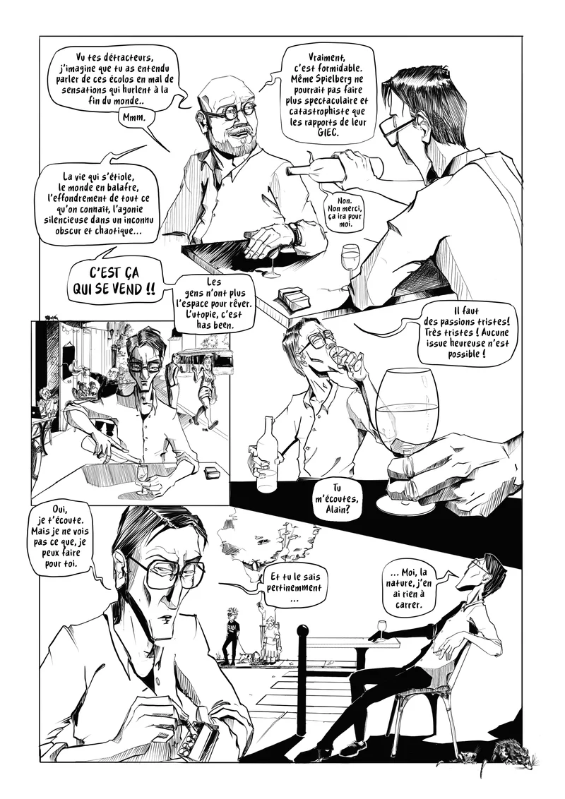 Page 7 : la discussion continue au café (« C'est ça qui se vend !! »).