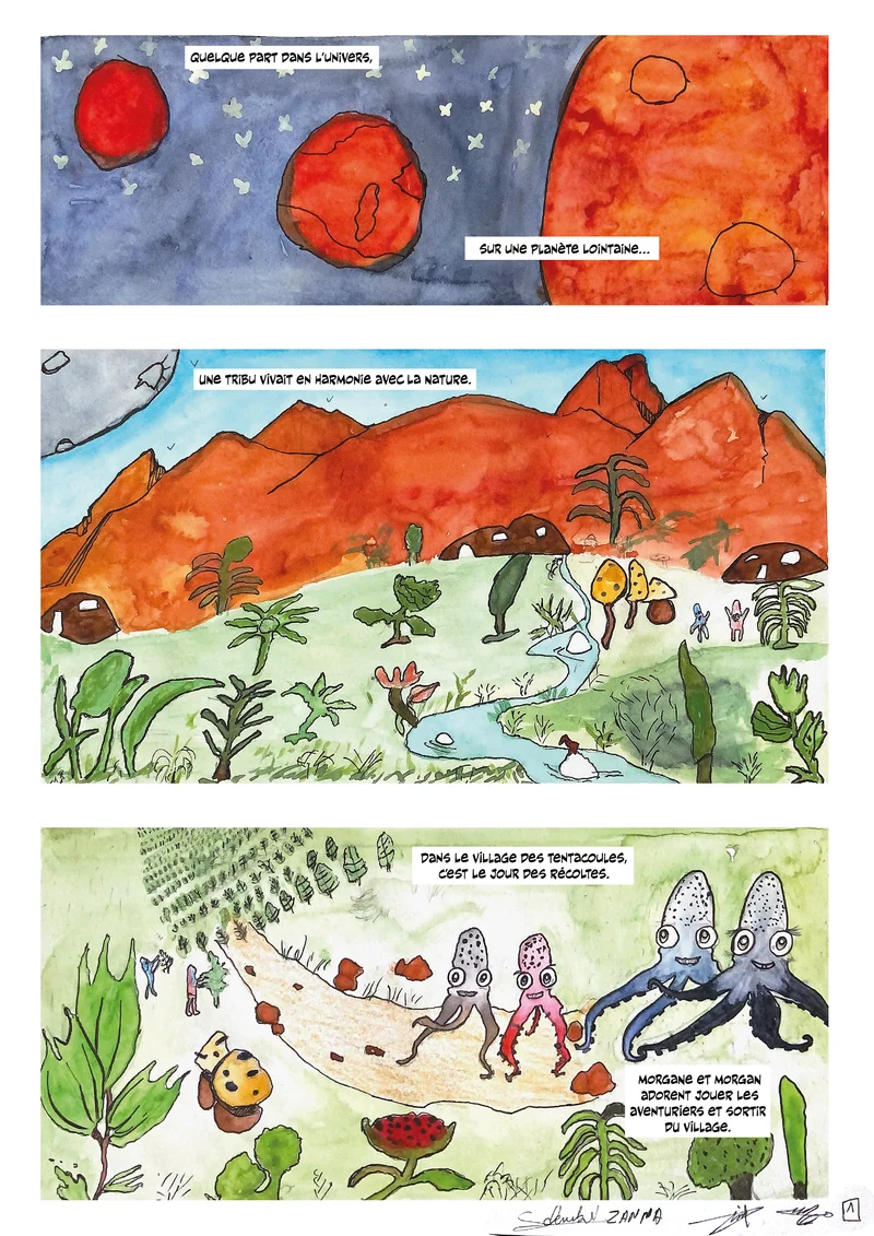 « Ainsi va la vie », première page dessinée : deux planètes rouges, un désert de roches et des explorateurs.