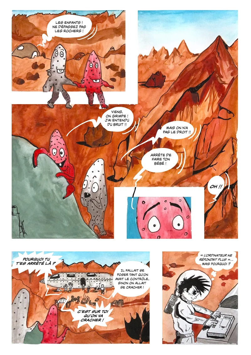« Ainsi va la vie », deuxième page dessinée : l'équipe débarque parmi les roches rouges.