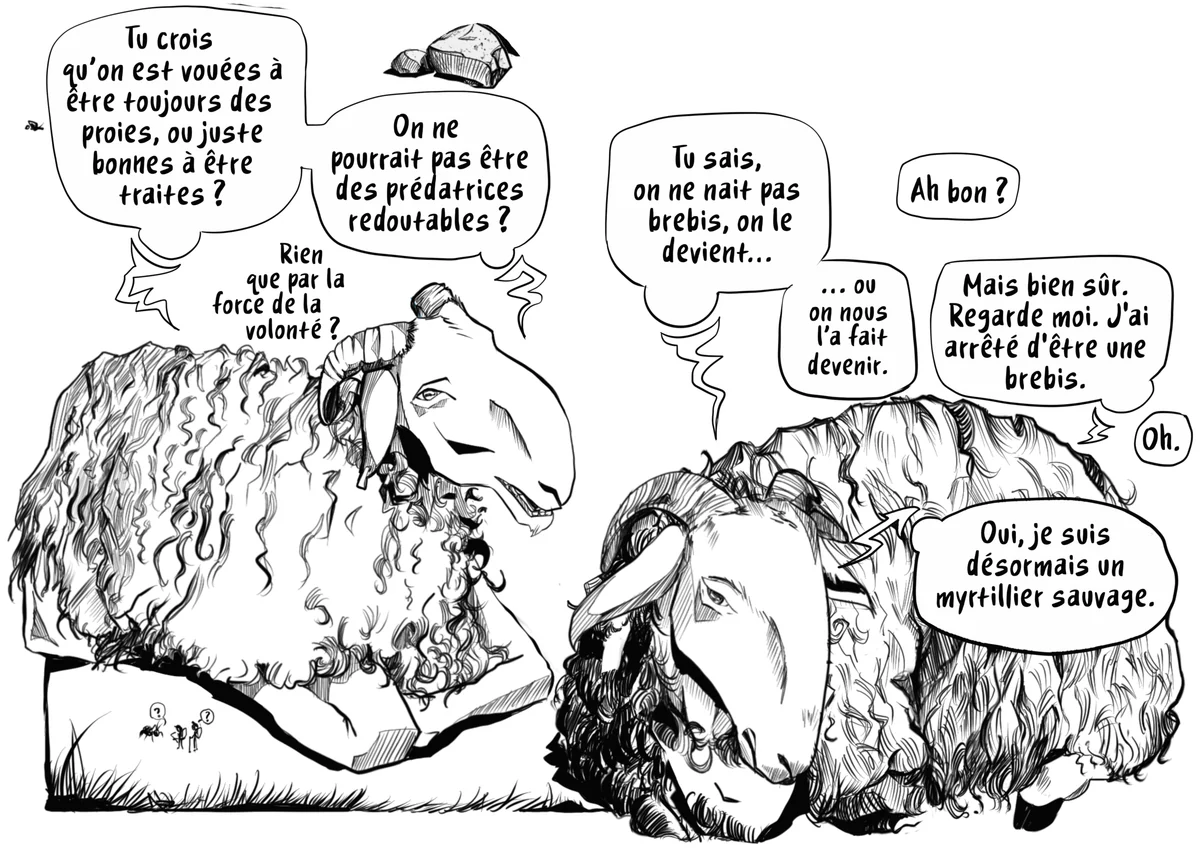 Double page d'À ceux qui viennent : dans la nuit, une brebis devenue myrtillier sauvage parle à ses semblables.