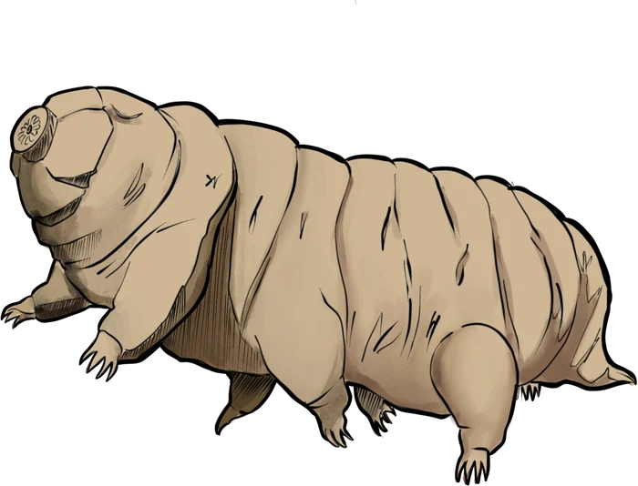Un tardigrade dessiné, dodu, sur ses huit pattes.