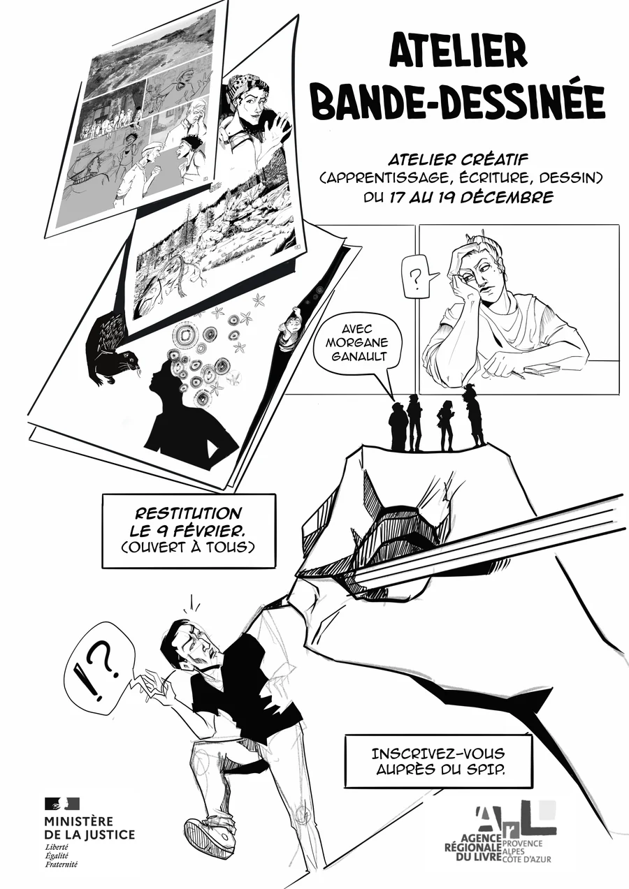 Affiche « Atelier bande-dessinée » : atelier créatif d'apprentissage, d'écriture et de dessin avec Morgane Ganault, restitution le 9 février.