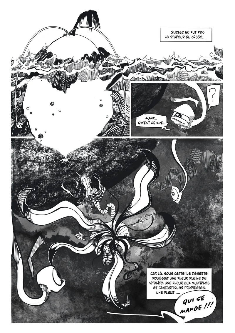Planche 2 : la stupeur du crabe devant une fleur qui pousse sous l'île déserte.