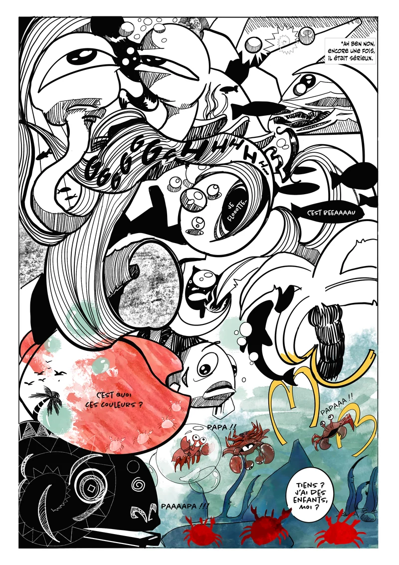 Planche 4 : une page foisonnante, poissons, tentacules et taches de couleur.