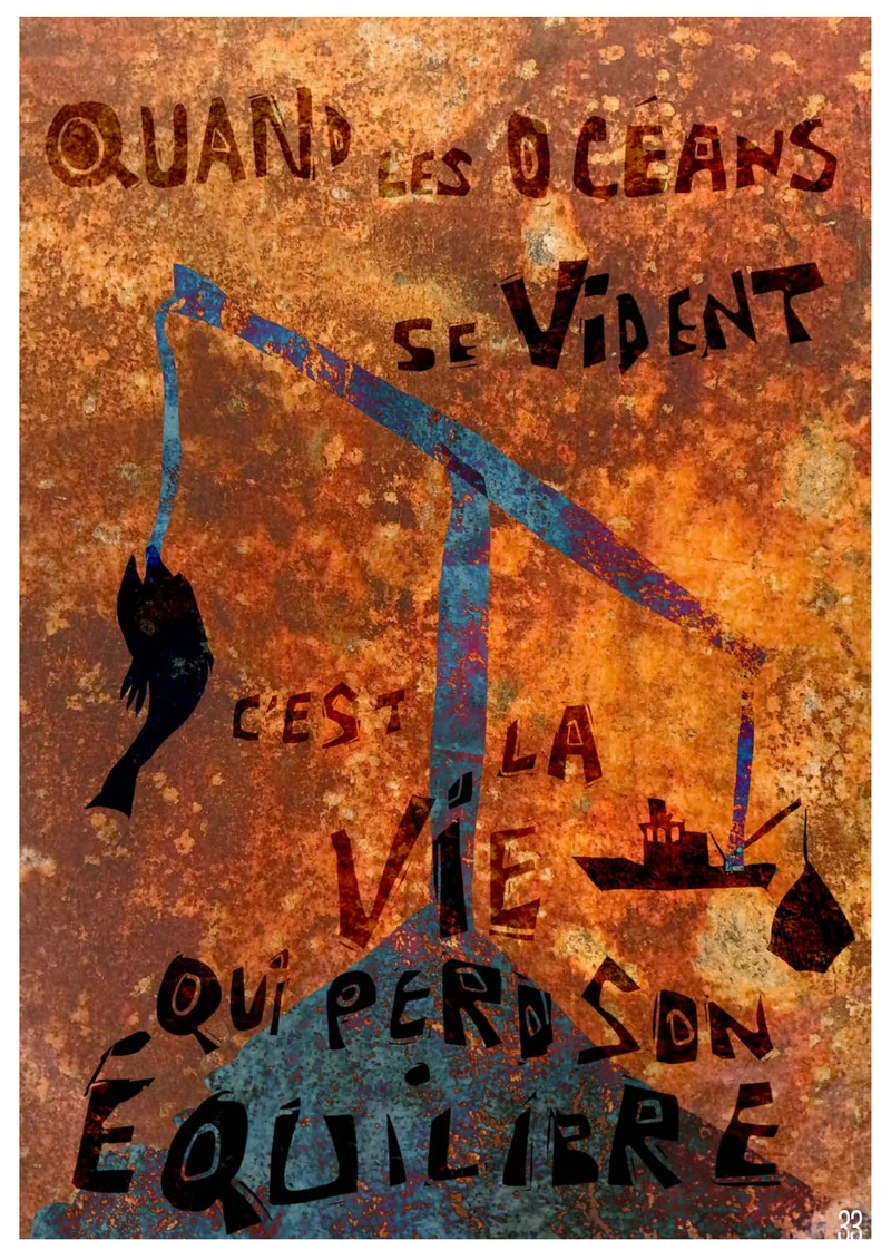 Affiche du fanzine en collage, fond rouille : « Quand les océans se vident, c'est la vie qui perd son équilibre ».