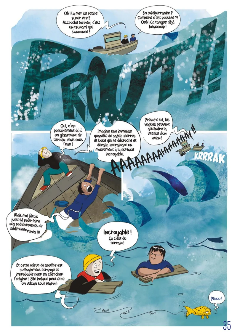 Page de bande dessinée du fanzine, « PROUT ! » : des collégiens sur un radeau secoué par les vagues.