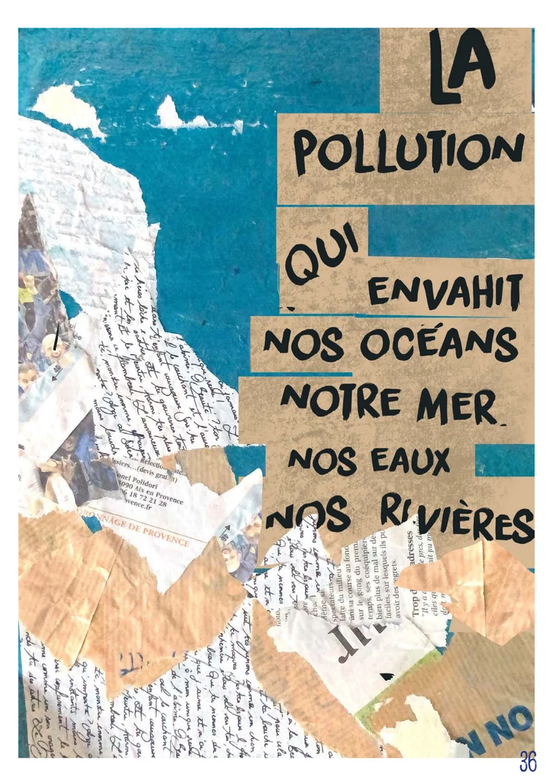 Affiche du fanzine en collage de papiers : « La pollution qui envahit nos océans, notre mer, nos eaux, nos rivières ».