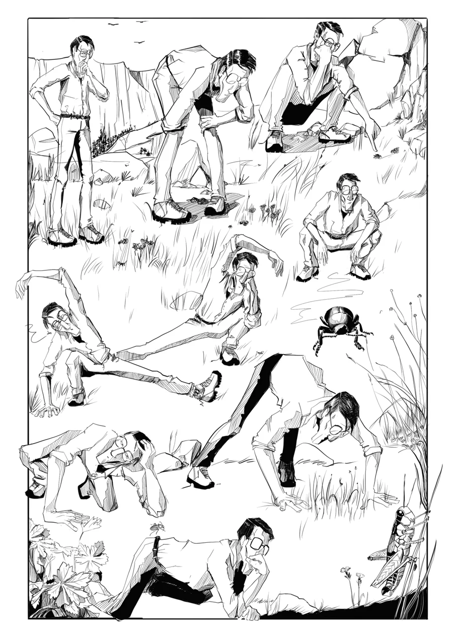 Planche 49 d'À ceux qui viennent : des personnages accroupis regardent les herbes de près.