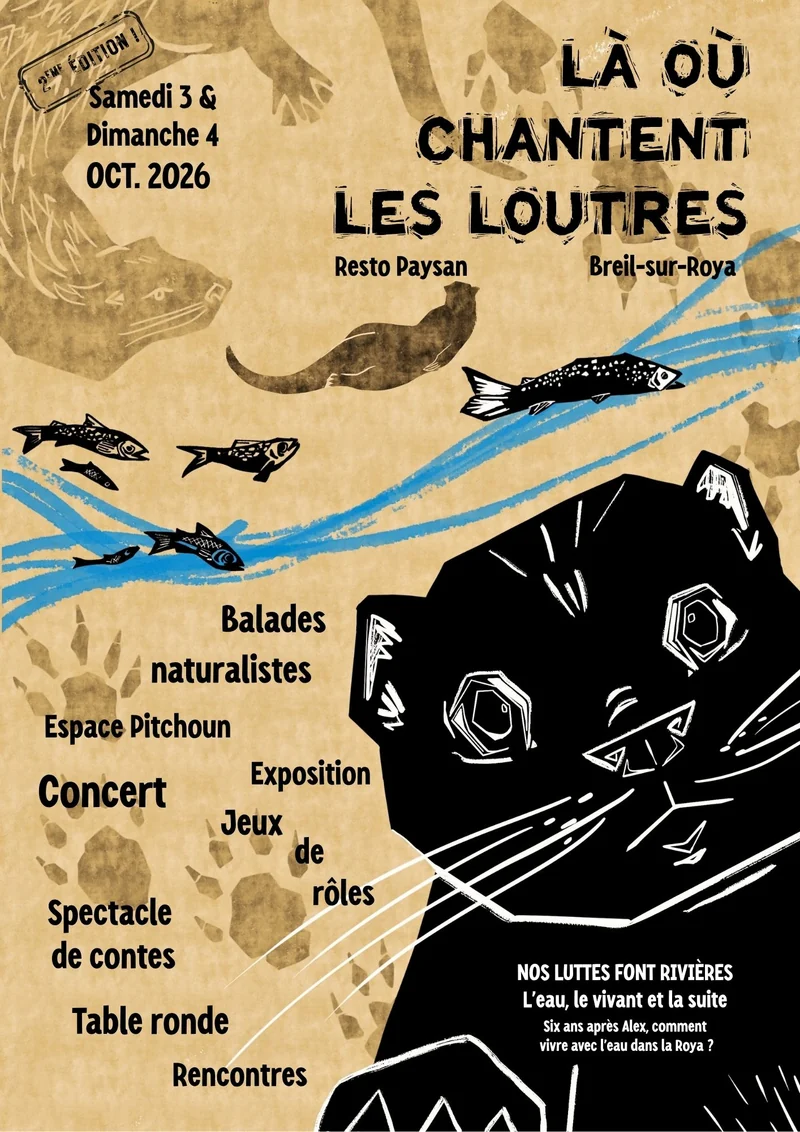 Affiche « Là où chantent les loutres », Breil-sur-Roya, 3 et 4 octobre 2026 : balades naturalistes, concert, exposition, table ronde.