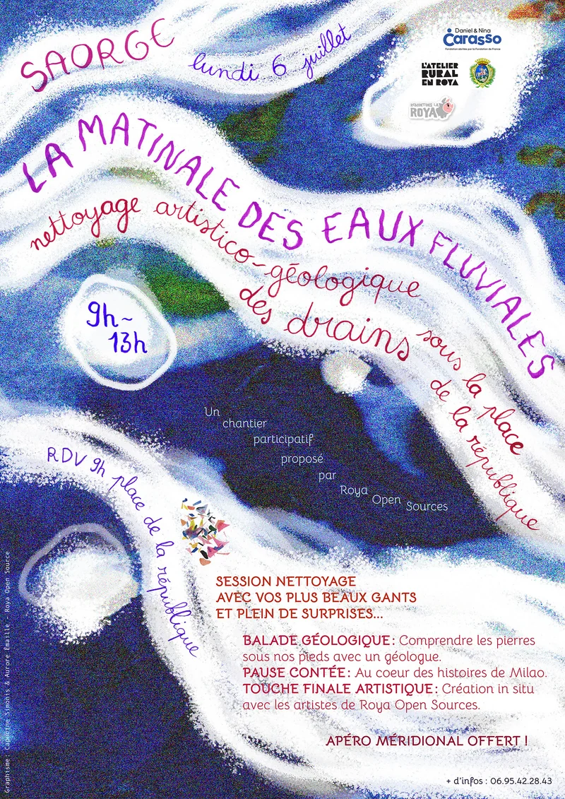 Affiche « La matinale des eaux fluviales », Saorge : nettoyage collectif de la rivière, balade géologique, siestes contées.