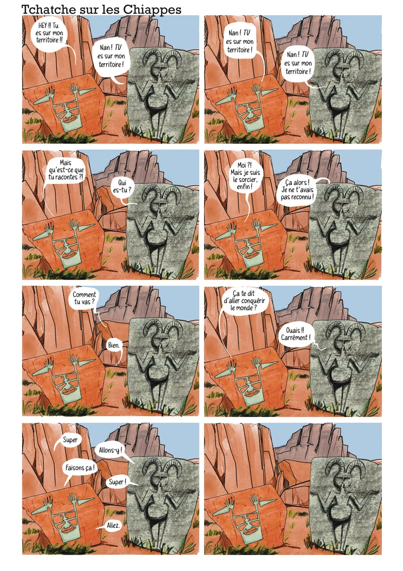 Une planche de la bande dessinée collective : des stèles préhistoriques qui se parlent, en douze cases.
