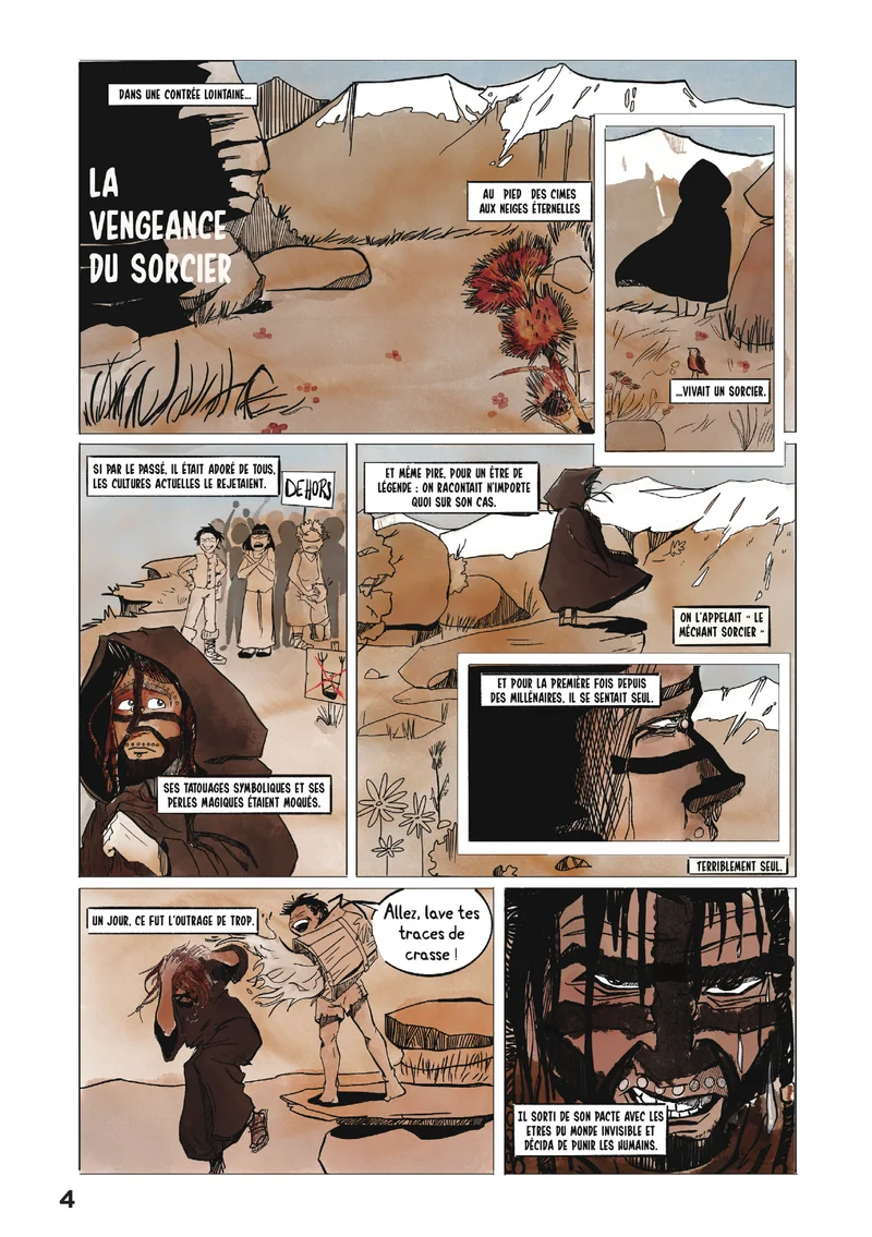 Une page de la bande dessinée : « La vallée du Sorcier », un village dans la roche.