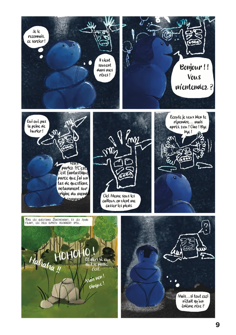 Une page de la bande dessinée : des personnages bleus dans la nuit.