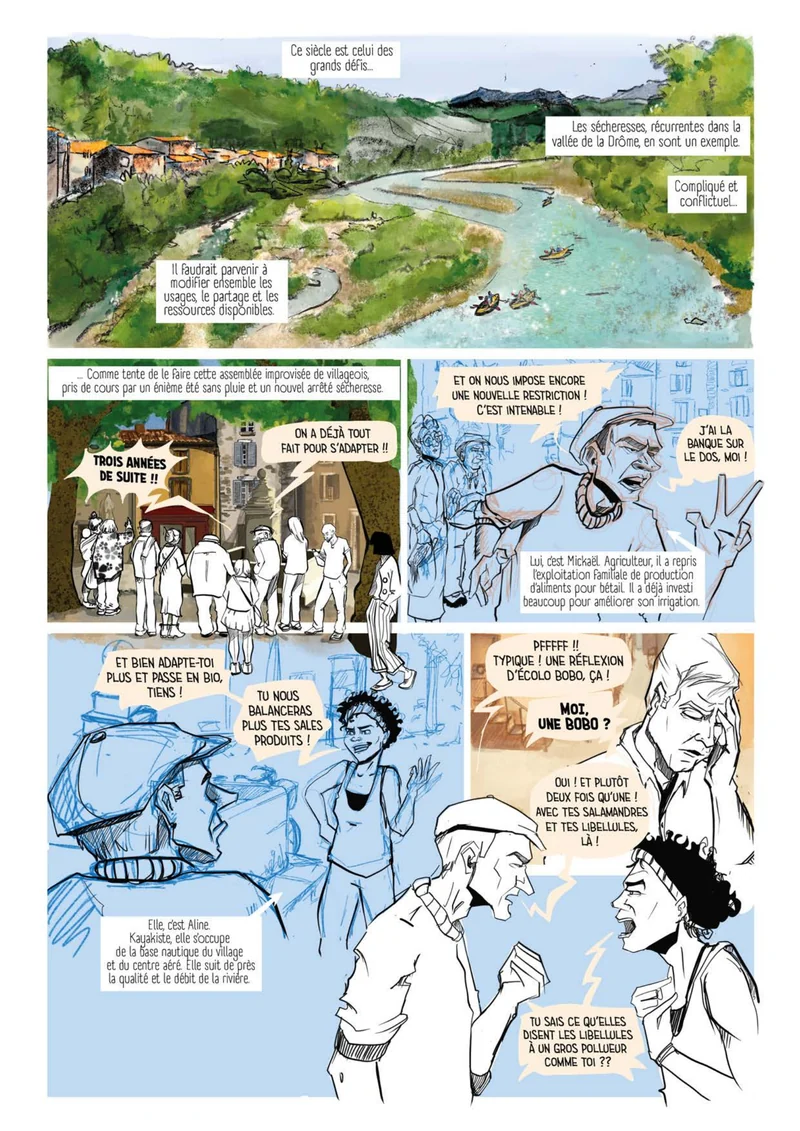 Page 1 de WANDA : une rivière vue d'en haut, puis une équipe réunie autour d'une table.