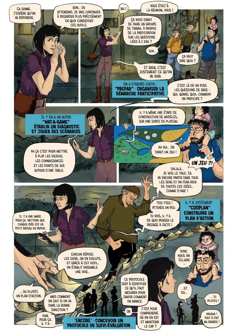 Page 3 de WANDA : des personnages discutent autour de cartes et de cafés.
